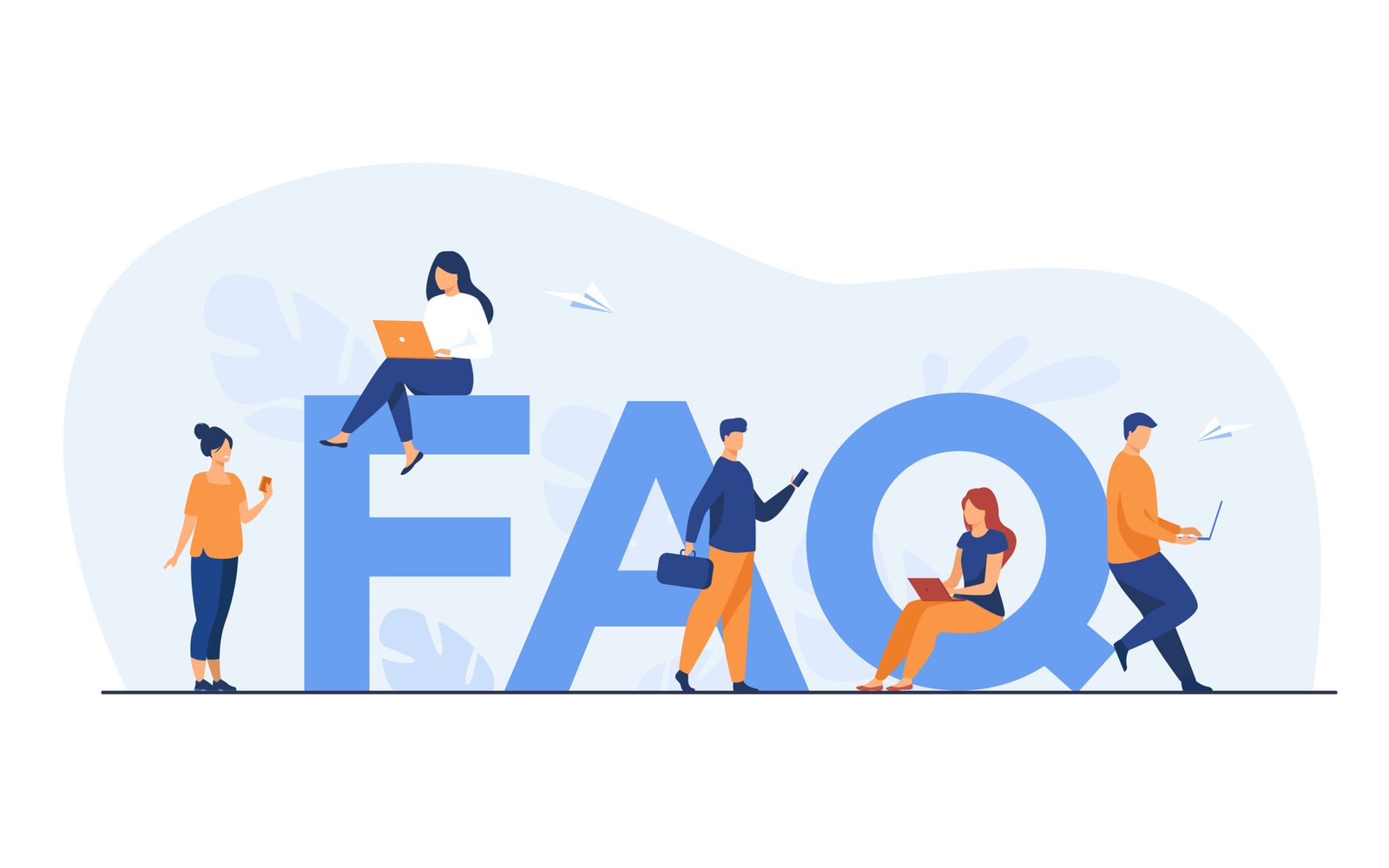 tiny people sitting and standing near giant faq